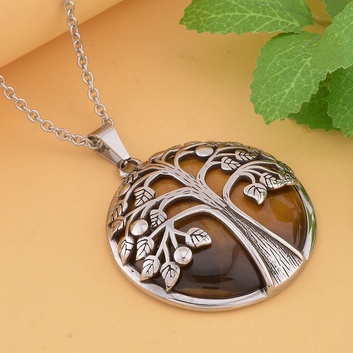 Yellow Tiger's Eye Tree of Life Pendant Necklace 20 Inches in Stainless Steel image number 1