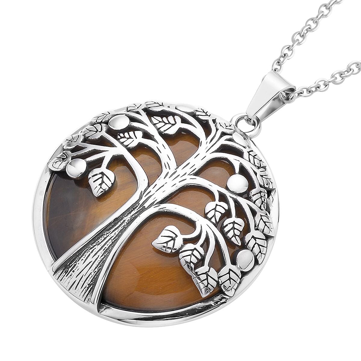 Yellow Tiger's Eye Tree of Life Pendant Necklace 20 Inches in Stainless Steel image number 3
