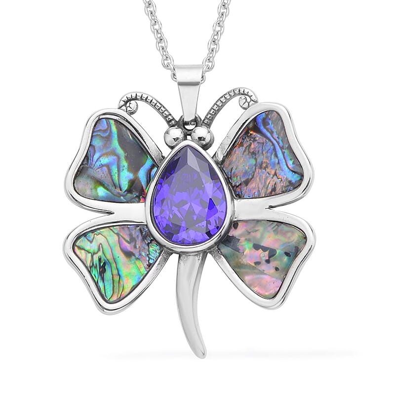Simulated Purple Sapphire and Abalone Shell Dragonfly Pendant Necklace in Stainless Steel 20 Inches