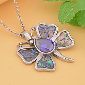Simulated Purple Sapphire and Abalone Shell Dragonfly Pendant Necklace in Stainless Steel 20 Inches