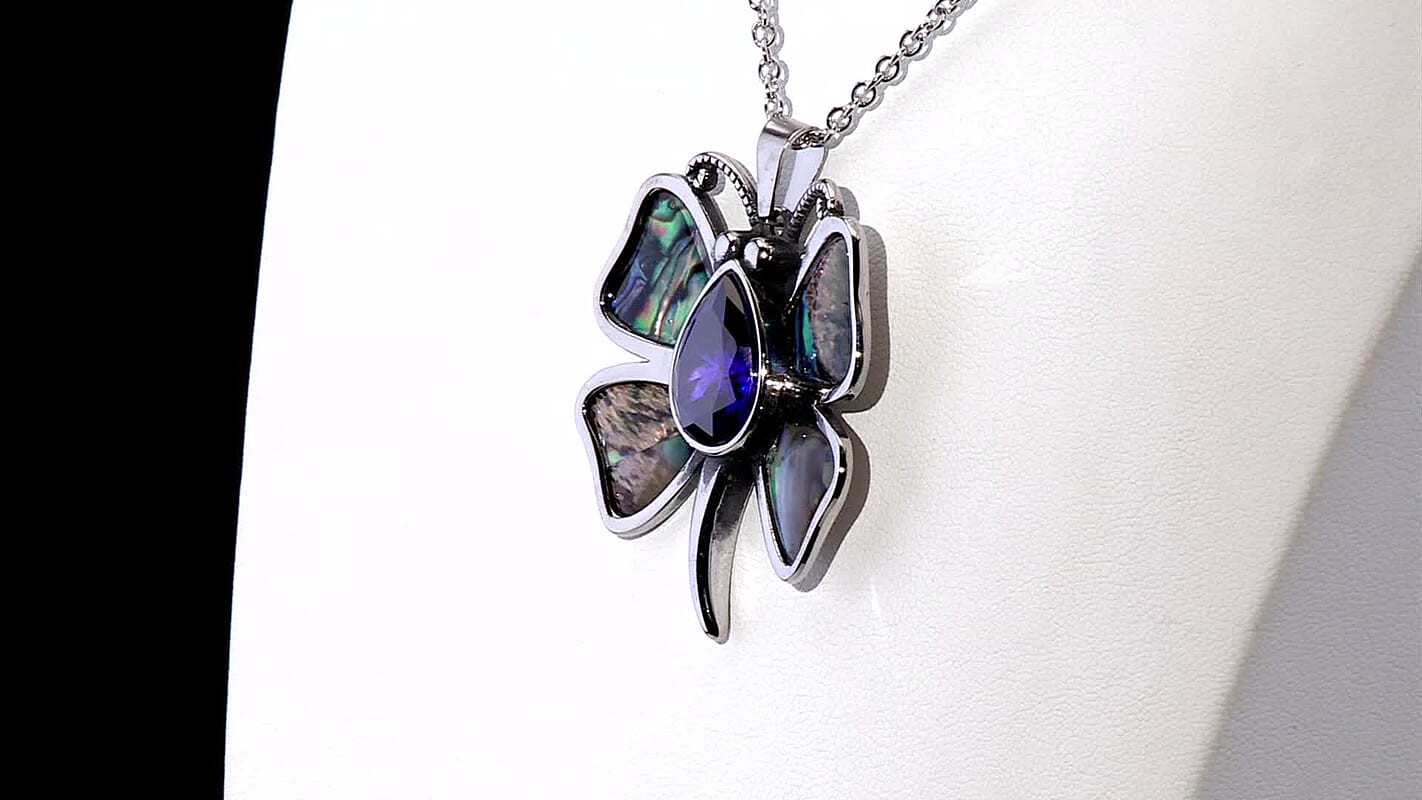 Simulated Purple Sapphire and Abalone Shell Dragonfly Pendant Necklace in Stainless Steel 20 Inches