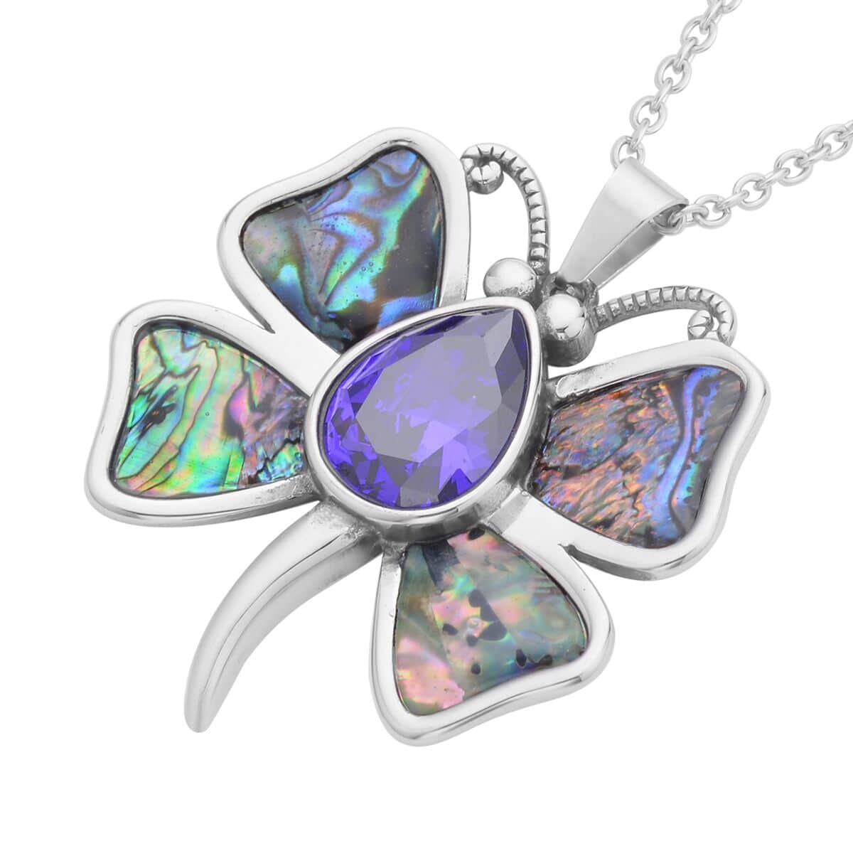 Simulated Purple Sapphire and Abalone Shell Dragonfly Pendant Necklace 20 Inches in Stainless Steel image number 3
