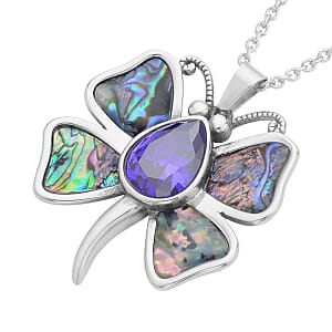 Simulated Purple Sapphire and Abalone Shell Dragonfly Pendant Necklace in Stainless Steel 20 Inches