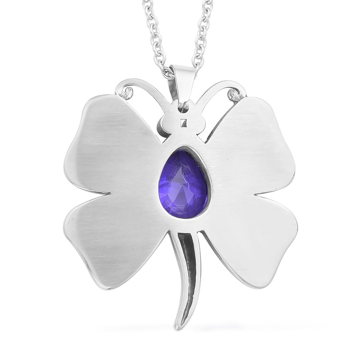 Simulated Purple Sapphire and Abalone Shell Dragonfly Pendant Necklace in Stainless Steel 20 Inches