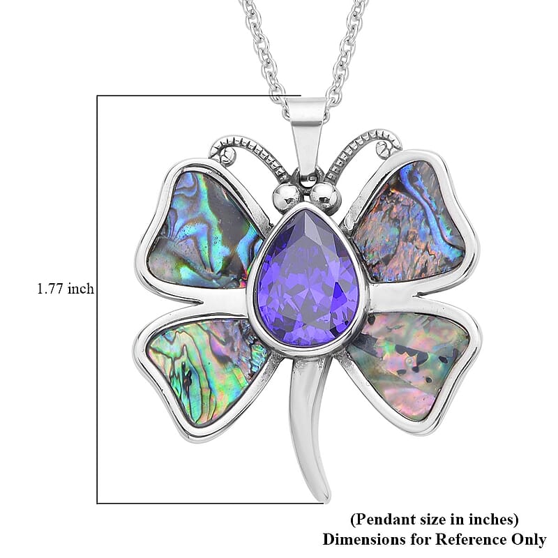 Simulated Purple Sapphire and Abalone Shell Dragonfly Pendant Necklace in Stainless Steel 20 Inches