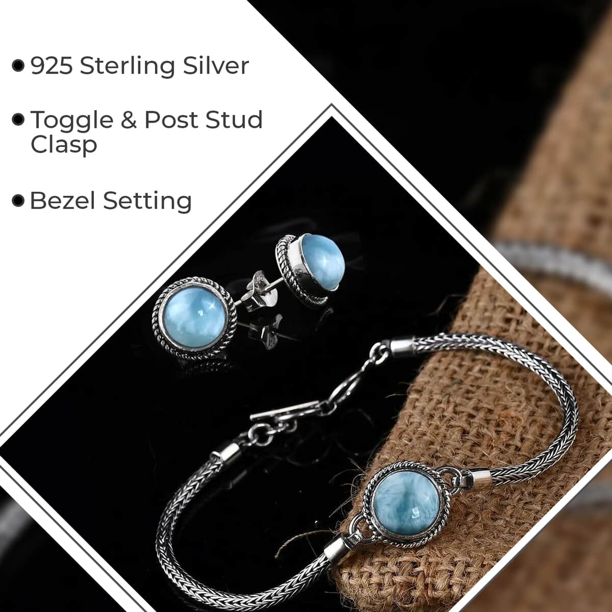 Mother’s Day Gift Bali Legacy Larimar Jewelry Set , Sterling Silver Bracelet , Sterling Silver Studs , Toggle Clasp Bracelet , Larimar Bracelet, Larimar Stud Earrings 8.15 ctw image number 2