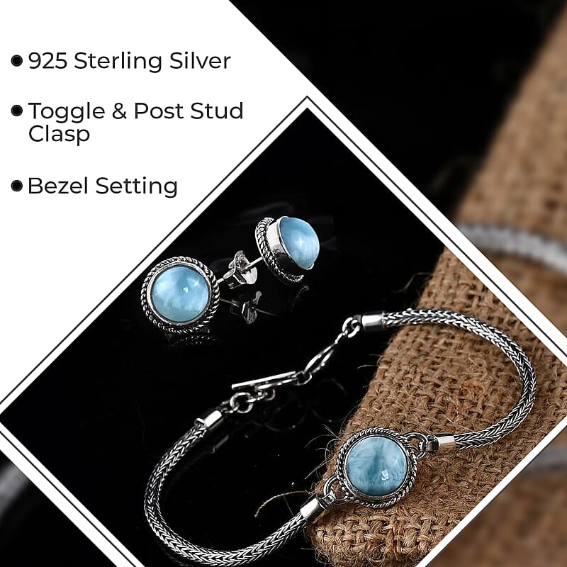 Bali Legacy Larimar Jewelry Set , Sterling Silver Bracelet , Sterling Silver Studs , Toggle Clasp Bracelet , Larimar Bracelet, Larimar Stud Earrings 8.15 ctw