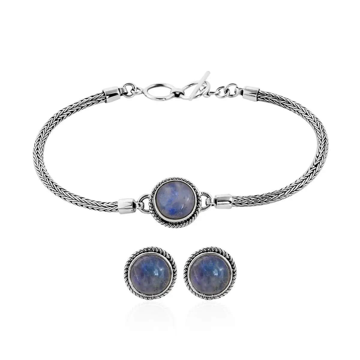 Bali Legacy Kuisa Rainbow Moonstone Jewelry Set , Sterling Silver Bracelet , Sterling Silver Studs , Toggle Clasp Bracelet , Rainbow Moonstone Bracelet, Rainbow Moonstone Stud Earrings 7.15 ctw image number 0