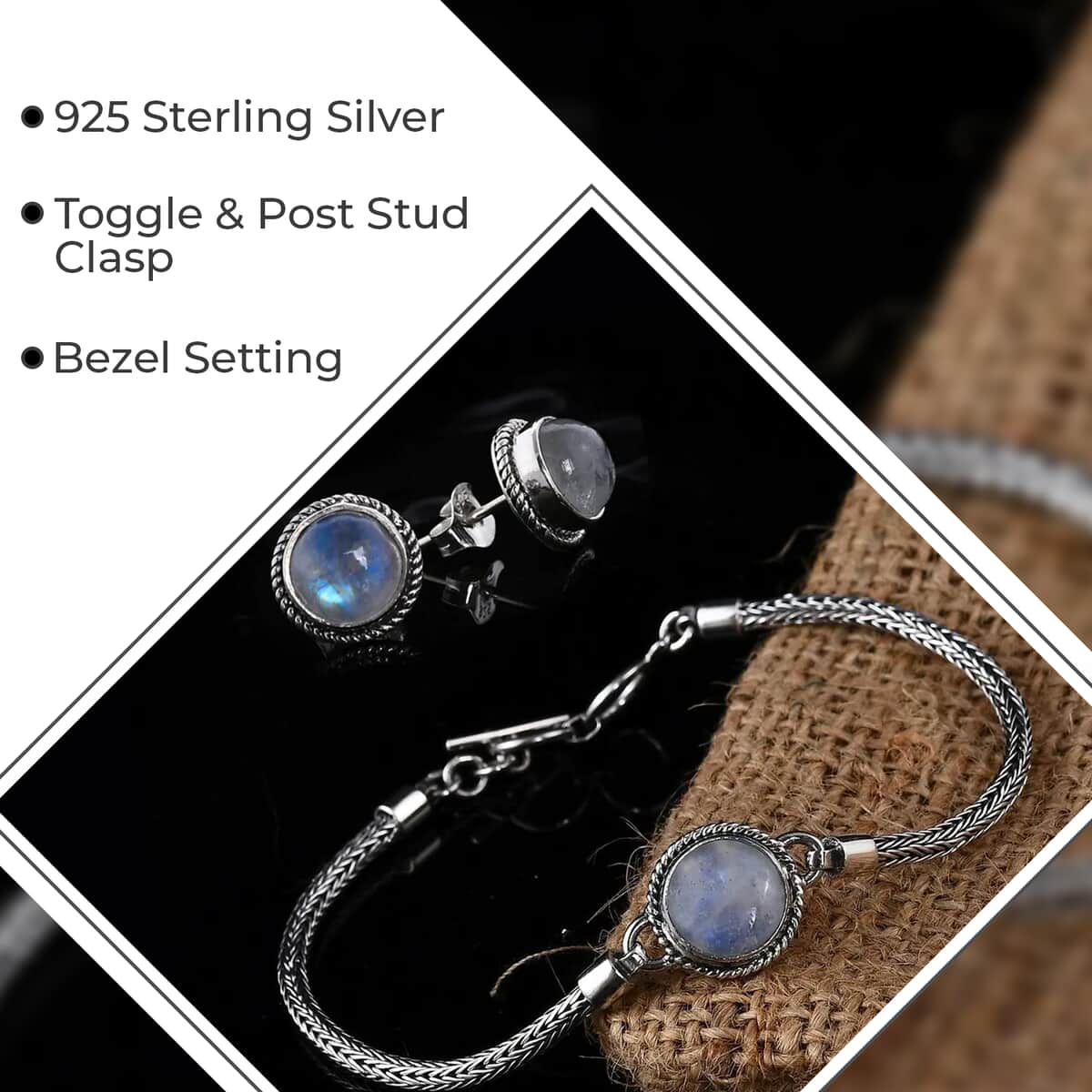 Bali Legacy Kuisa Rainbow Moonstone Jewelry Set , Sterling Silver Bracelet , Sterling Silver Studs , Toggle Clasp Bracelet , Rainbow Moonstone Bracelet, Rainbow Moonstone Stud Earrings 7.15 ctw image number 2