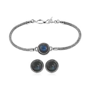 Bali Legacy Malagasy Labradorite Jewelry Set , Sterling Silver Bracelet , Sterling Silver Studs , Toggle Clasp Bracelet , Labradorite Bracelet, Labradorite Stud Earrings 10.40 ctw