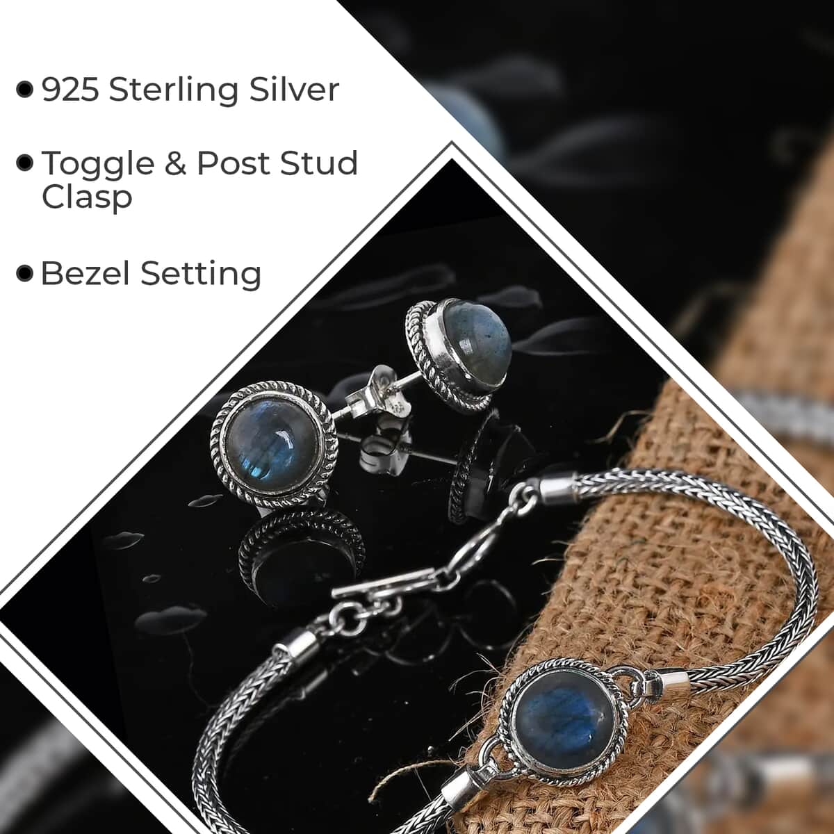 Bali Legacy Malagasy Labradorite Jewelry Set , Sterling Silver Bracelet , Sterling Silver Studs , Toggle Clasp Bracelet , Labradorite Bracelet, Labradorite Stud Earrings 10.40 ctw image number 2