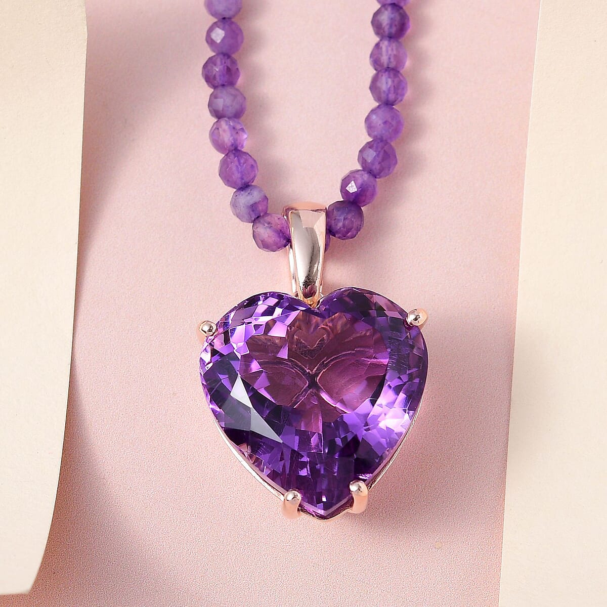 TLV Rose De France Amethyst Heart Pendant with Beaded Necklace (20 Inches) in Vermeil RG Over Sterling Silver 139.20 ctw image number 1