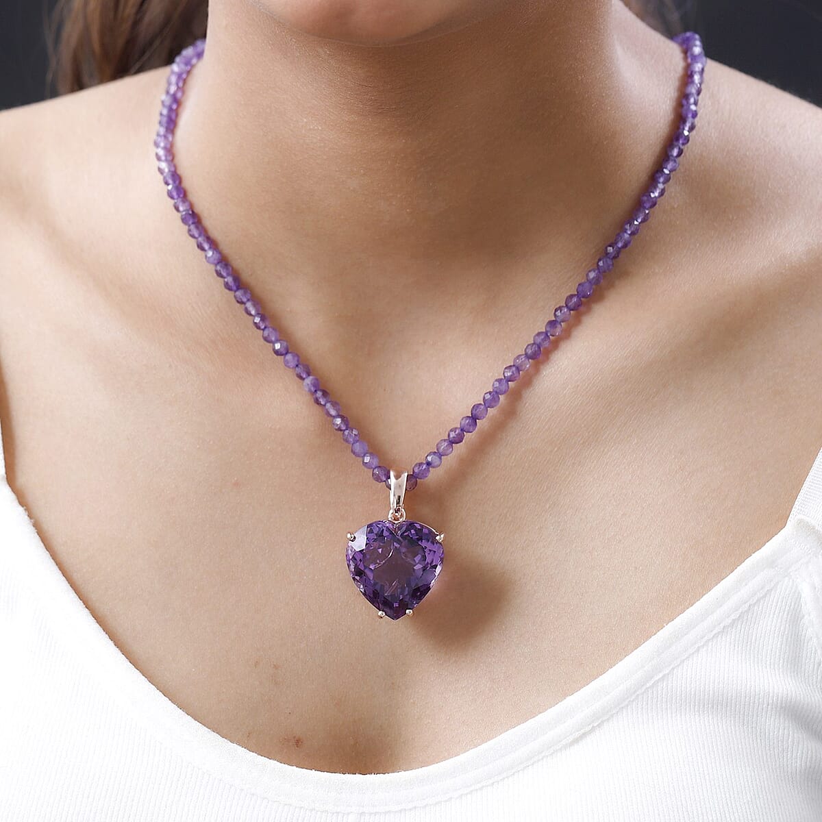 TLV Rose De France Amethyst Heart Pendant with Beaded Necklace (20 Inches) in Vermeil RG Over Sterling Silver 139.20 ctw image number 2