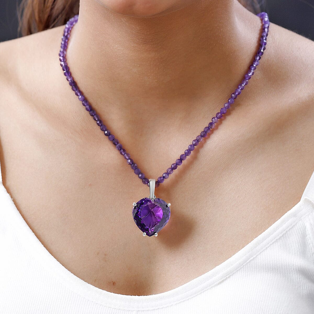 Amethyst Heart Pendant with Beaded Necklace 20 Inches in Platinum Over Sterling Silver 129.50 ctw image number 2