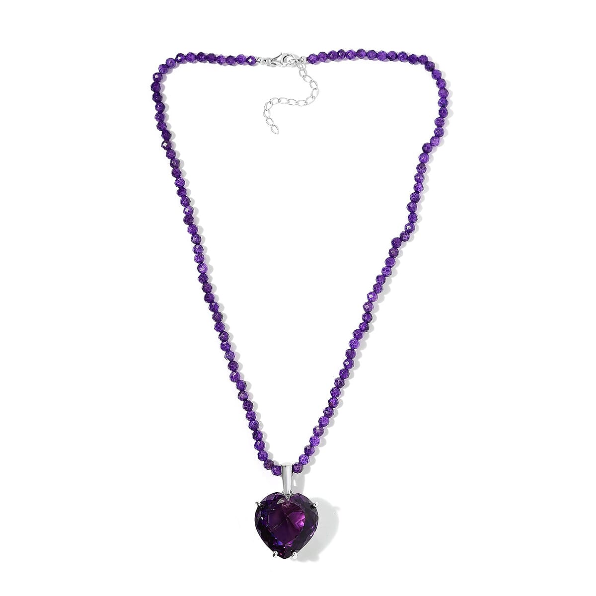 Amethyst Heart Pendant with Beaded Necklace 20 Inches in Platinum Over Sterling Silver 129.50 ctw image number 3