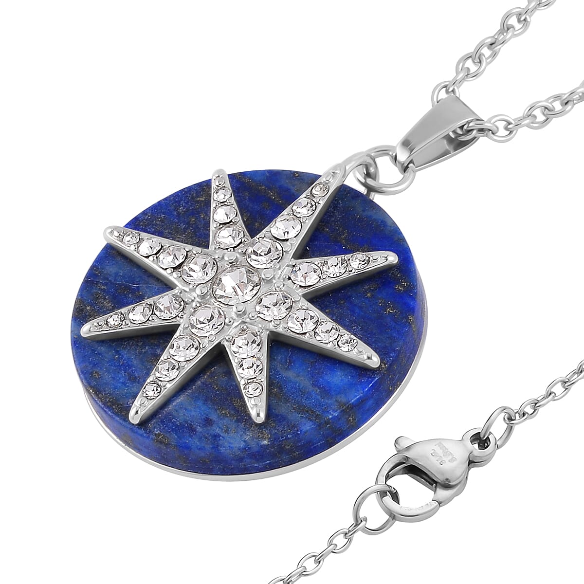 Lapis Lazuli and Austrian Crystal Pendant Necklace 20 Inches in Stainless Steel 10.00 ctw image number 4