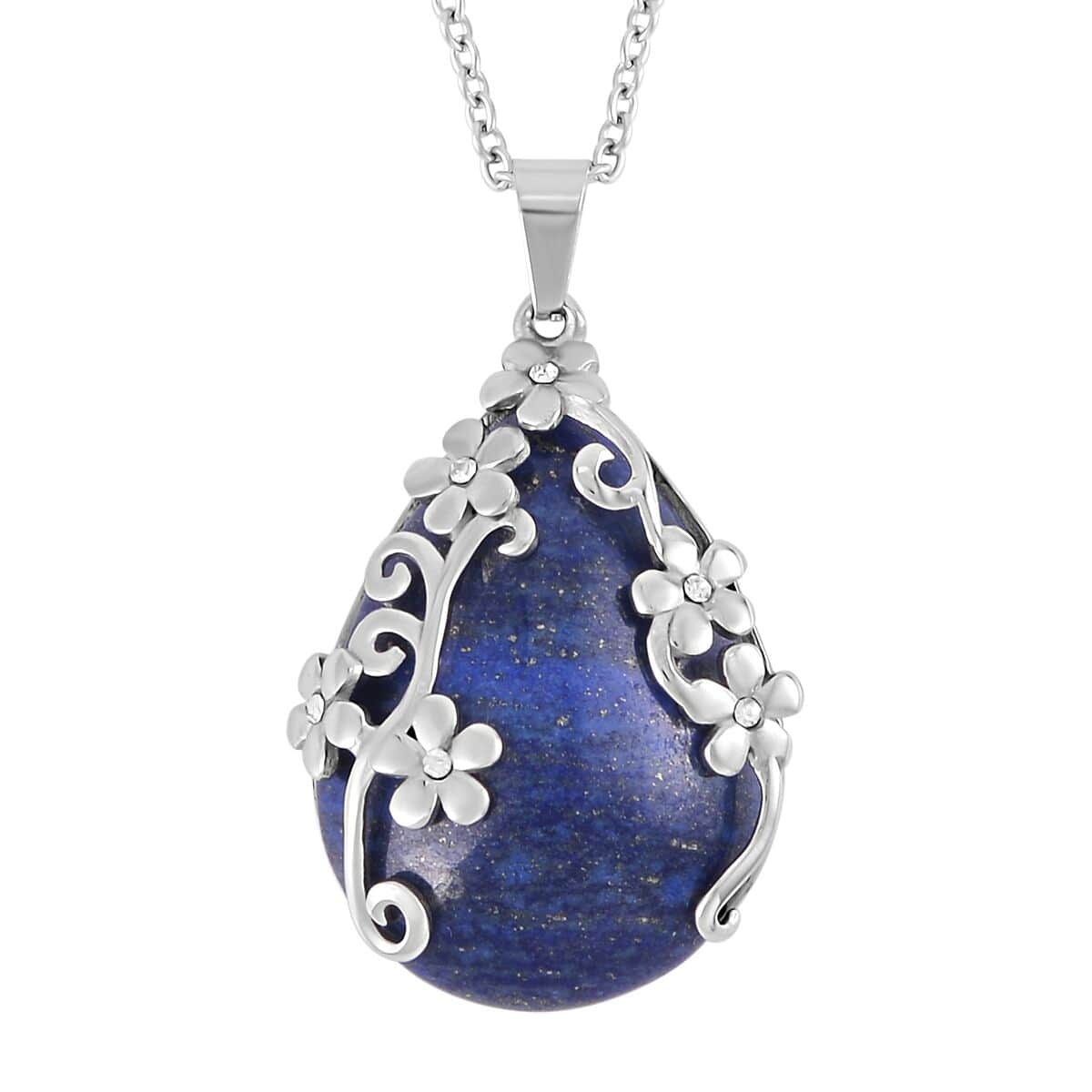 Lapis Lazuli Floral Pendant Necklace 20 Inches in Stainless Steel 2.00 ctw image number 0