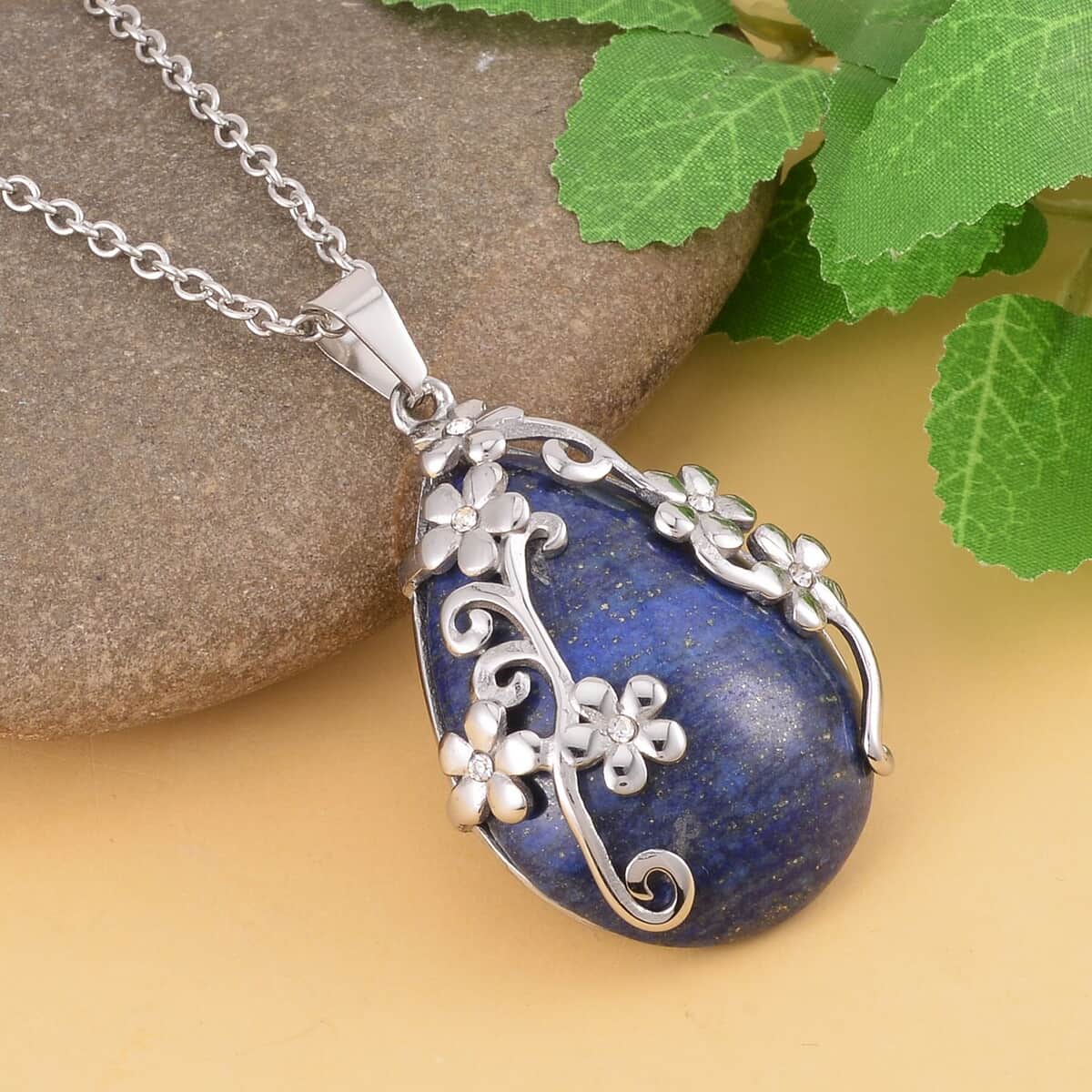 Lapis Lazuli Floral Pendant Necklace 20 Inches in Stainless Steel 2.00 ctw image number 1