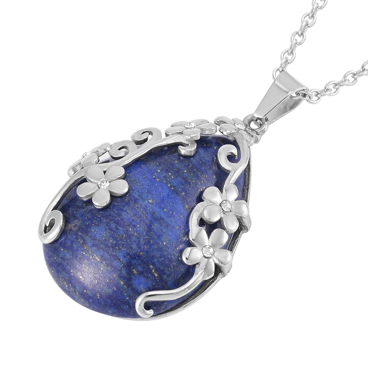 Lapis Lazuli Floral Pendant Necklace 20 Inches in Stainless Steel 2.00 ctw image number 3