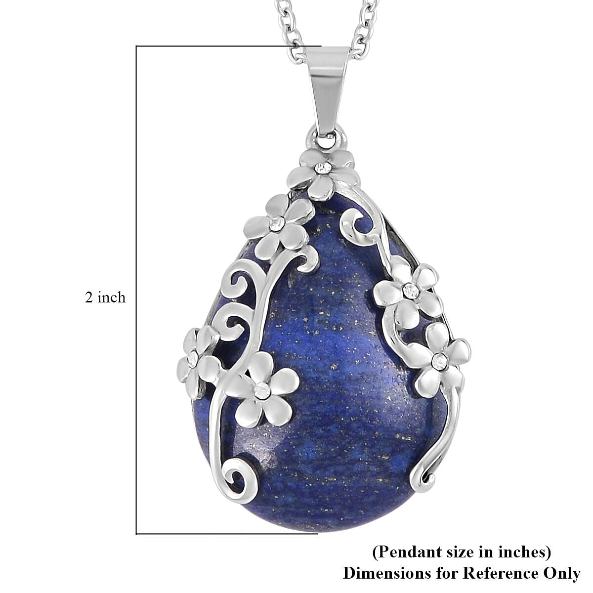 Lapis Lazuli and Austrian Crystal Floral Pendant Necklace 20 Inches in Stainless Steel 2.00 ctw