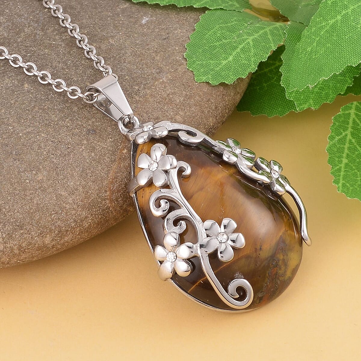 Yellow Tiger's Eye and Austrian Crystal Floral Pendant Necklace 20 Inches in Stainless Steel 2.00 ctw image number 1