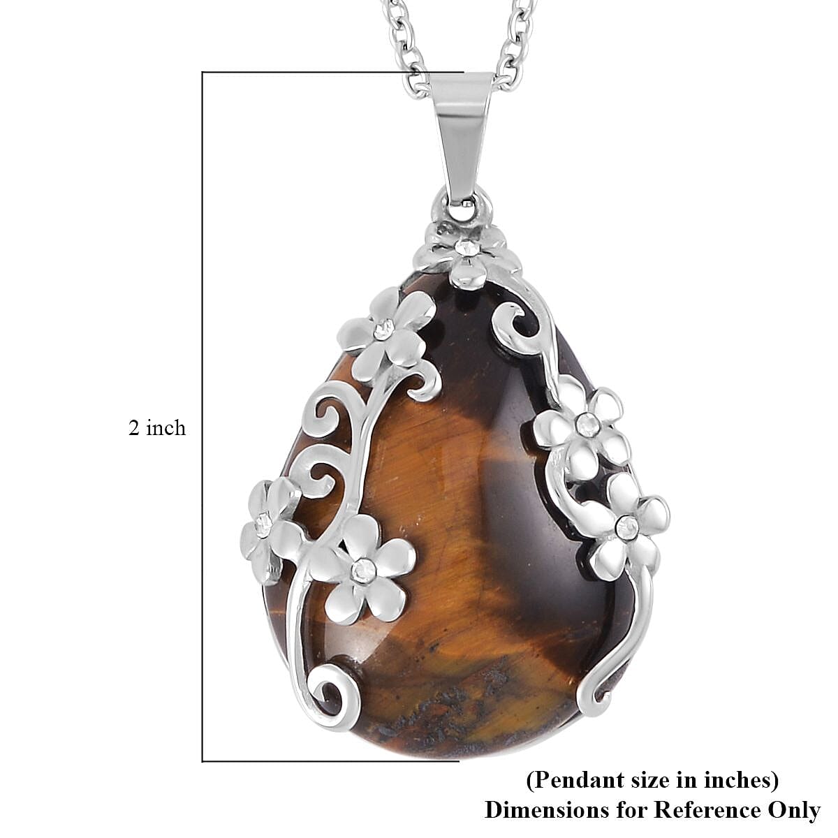 Yellow Tiger's Eye and Austrian Crystal Floral Pendant Necklace 20 Inches in Stainless Steel 2.00 ctw image number 5