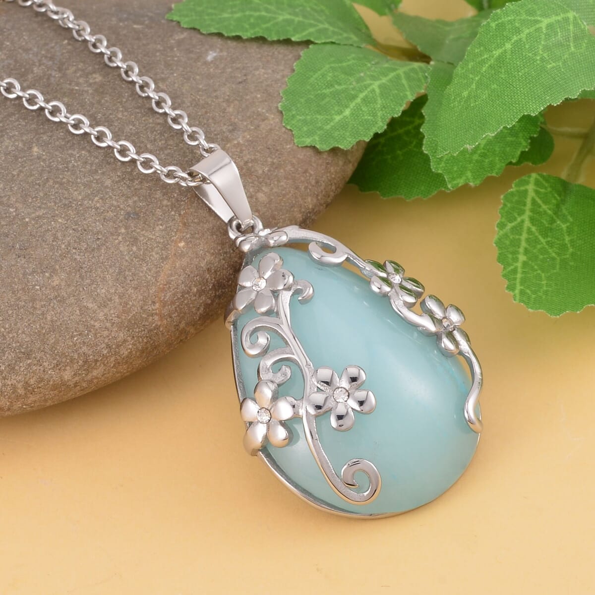 Amazonite and Austrian Crystal Floral Pendant Necklace 20 Inches in Stainless Steel 2.00 ctw image number 1