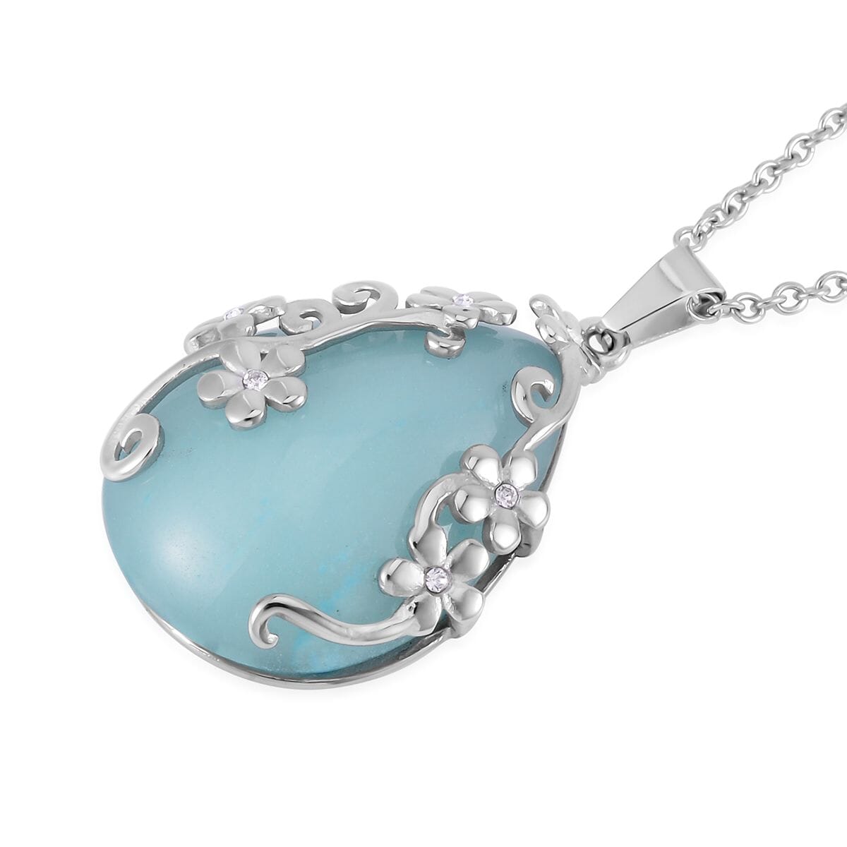 Amazonite and Austrian Crystal Floral Pendant Necklace 20 Inches in Stainless Steel 2.00 ctw image number 3