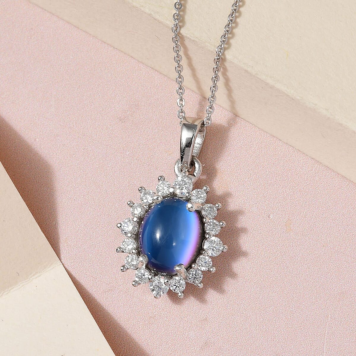 Aurora Moonstone (D) and Moissanite Sunburst Pendant Necklace 20 Inches in Platinum Over Sterling Silver 3.50 ctw image number 1