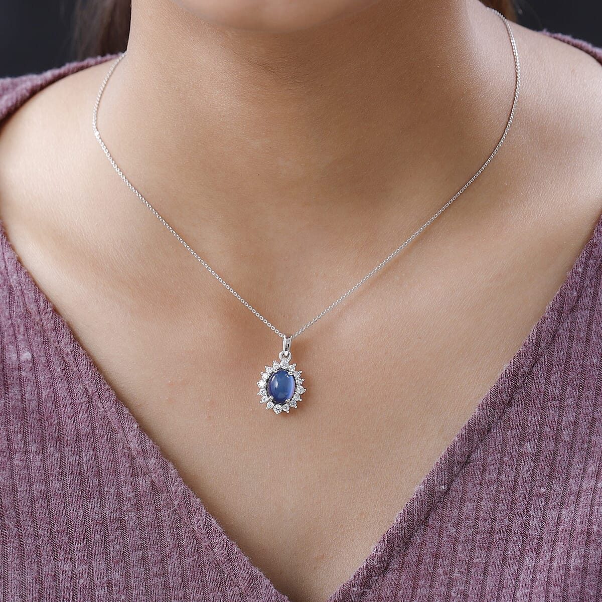 Aurora Moonstone (D) and Moissanite Sunburst Pendant Necklace 20 Inches in Platinum Over Sterling Silver 3.50 ctw image number 2
