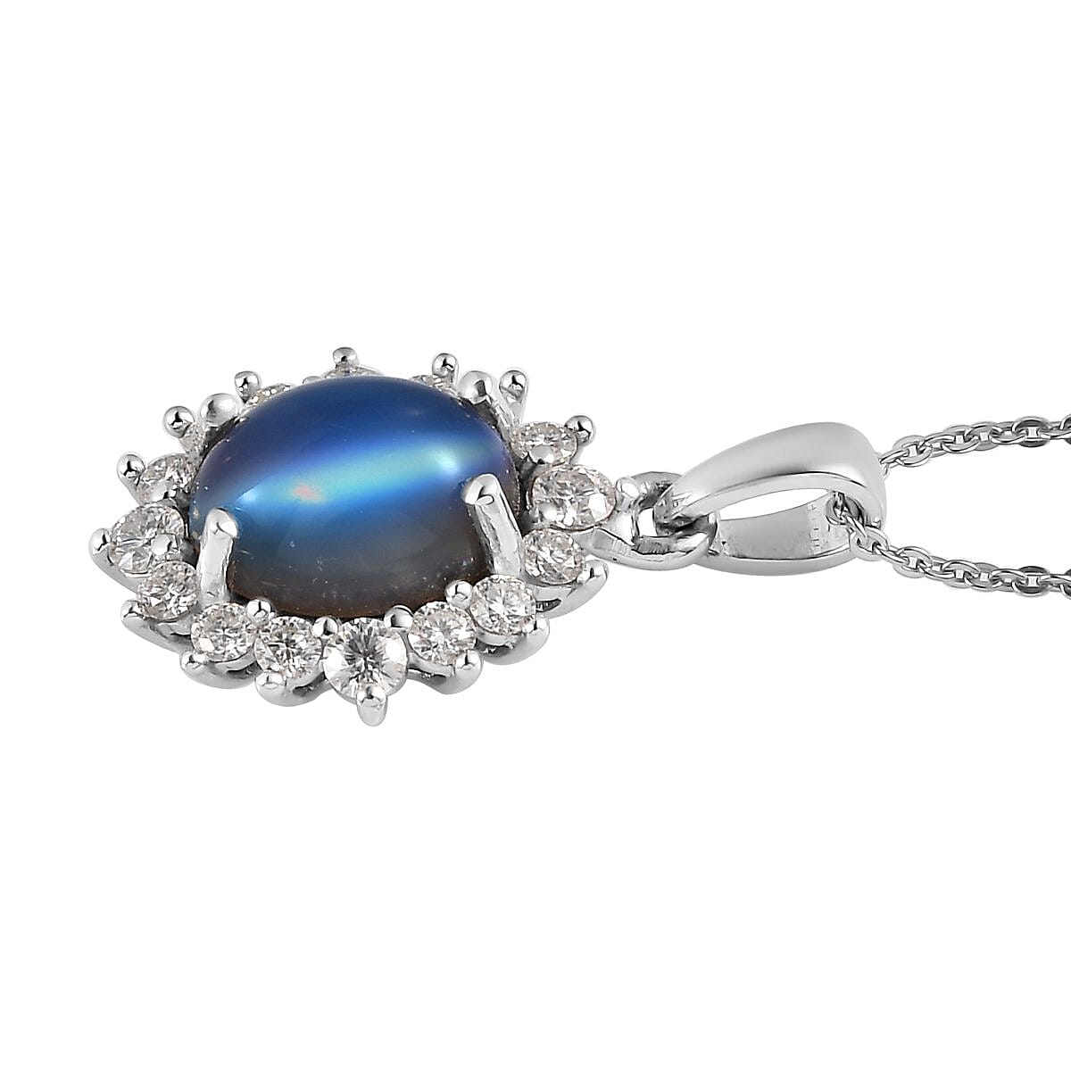 Aurora Moonstone (D) and Moissanite Sunburst Pendant Necklace 20 Inches in Platinum Over Sterling Silver 3.50 ctw image number 3