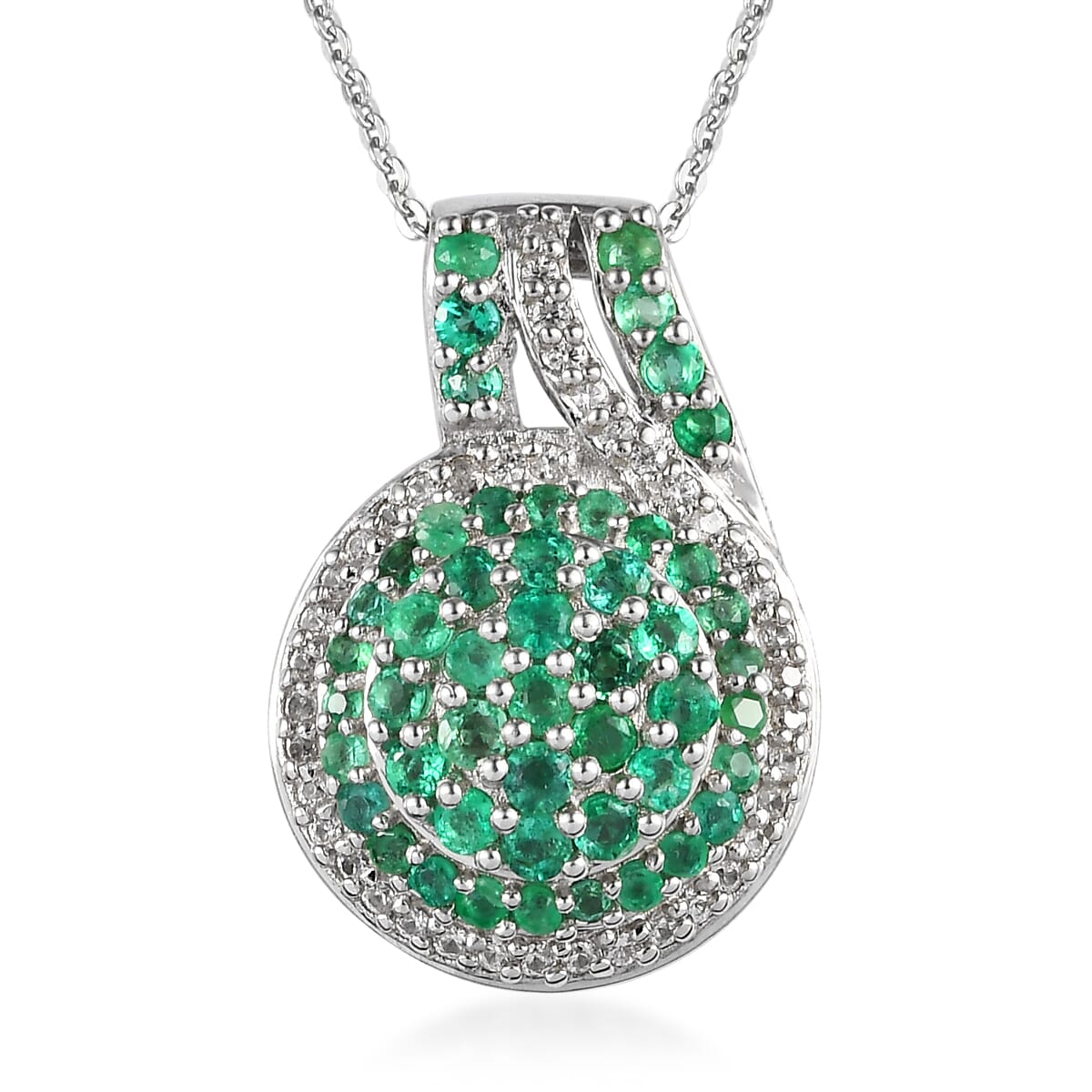 Premium Kagem Zambian Emerald and White Zircon Cluster Pendant Necklace 18 Inches in Platinum Over Sterling Silver 1.60 ctw image number 0