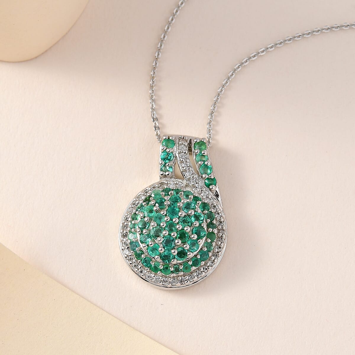 Premium Kagem Zambian Emerald and White Zircon Cluster Pendant Necklace 18 Inches in Platinum Over Sterling Silver 1.60 ctw image number 1