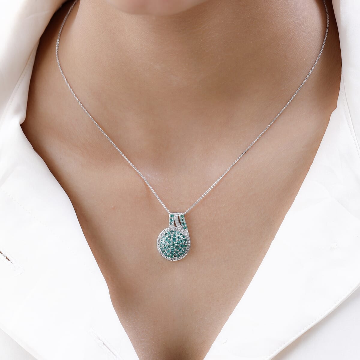 Premium Kagem Zambian Emerald and White Zircon Cluster Pendant Necklace 18 Inches in Platinum Over Sterling Silver 1.60 ctw image number 2