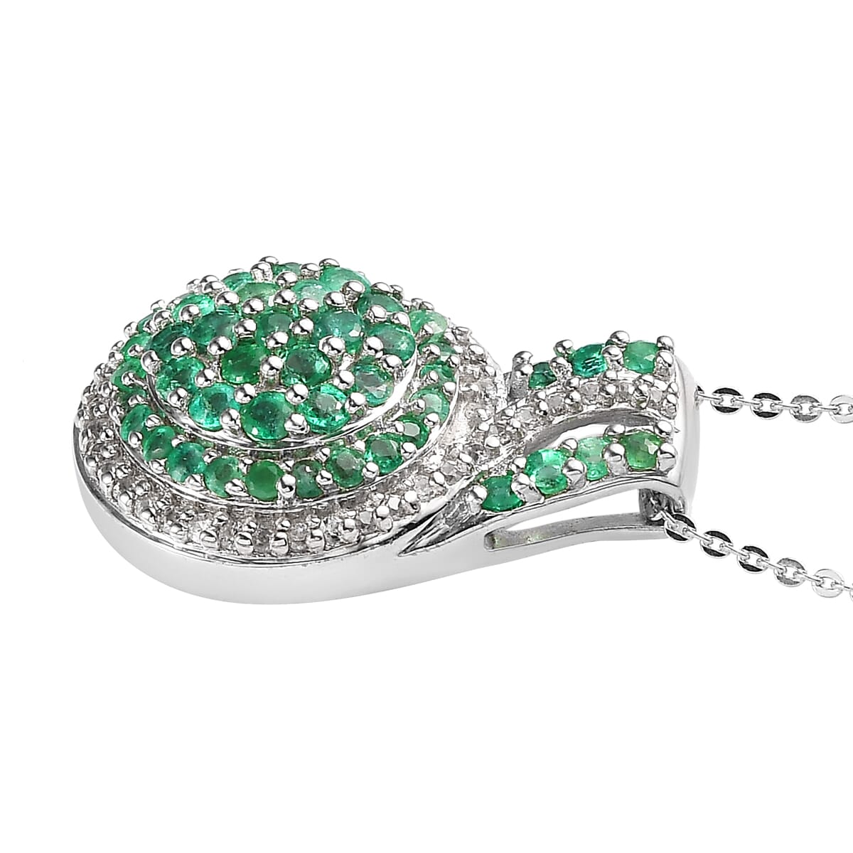 Premium Kagem Zambian Emerald and White Zircon Cluster Pendant Necklace 18 Inches in Platinum Over Sterling Silver 1.60 ctw image number 3