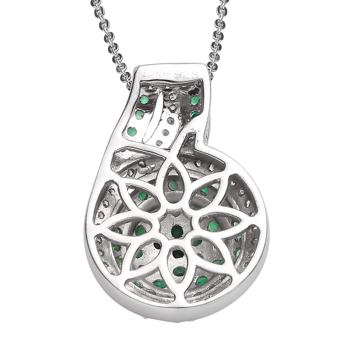 Premium Kagem Zambian Emerald and White Zircon Cluster Pendant Necklace 18 Inches in Platinum Over Sterling Silver 1.60 ctw image number 4