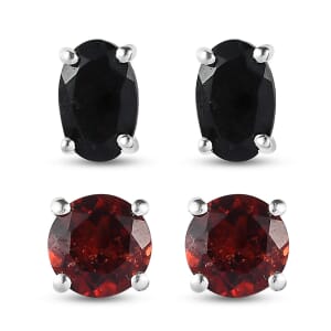 Mozambique Garnet and Australian Black Tourmaline 1.85 ctw Set of 2 Stud Earrings in Sterling Silver