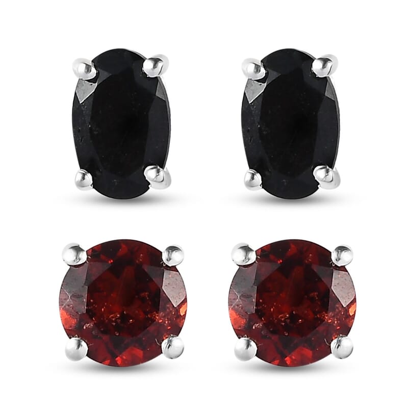 Mozambique Garnet and Australian Black Tourmaline 1.85 ctw Set of 2 Stud Earrings in Sterling Silver