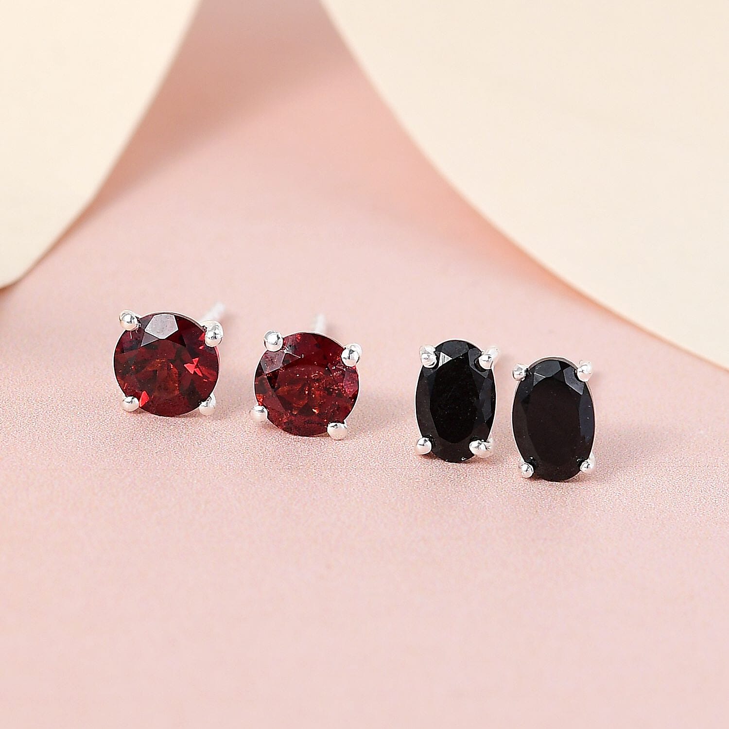 Mozambique Garnet and Australian Black Tourmaline 1.85 ctw Set of 2 Stud Earrings in Sterling Silver