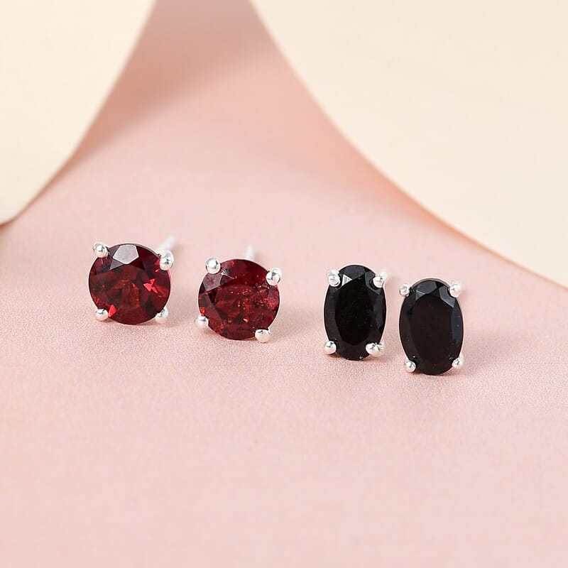 Mozambique Garnet and Australian Black Tourmaline 1.85 ctw Set of 2 Stud Earrings in Sterling Silver