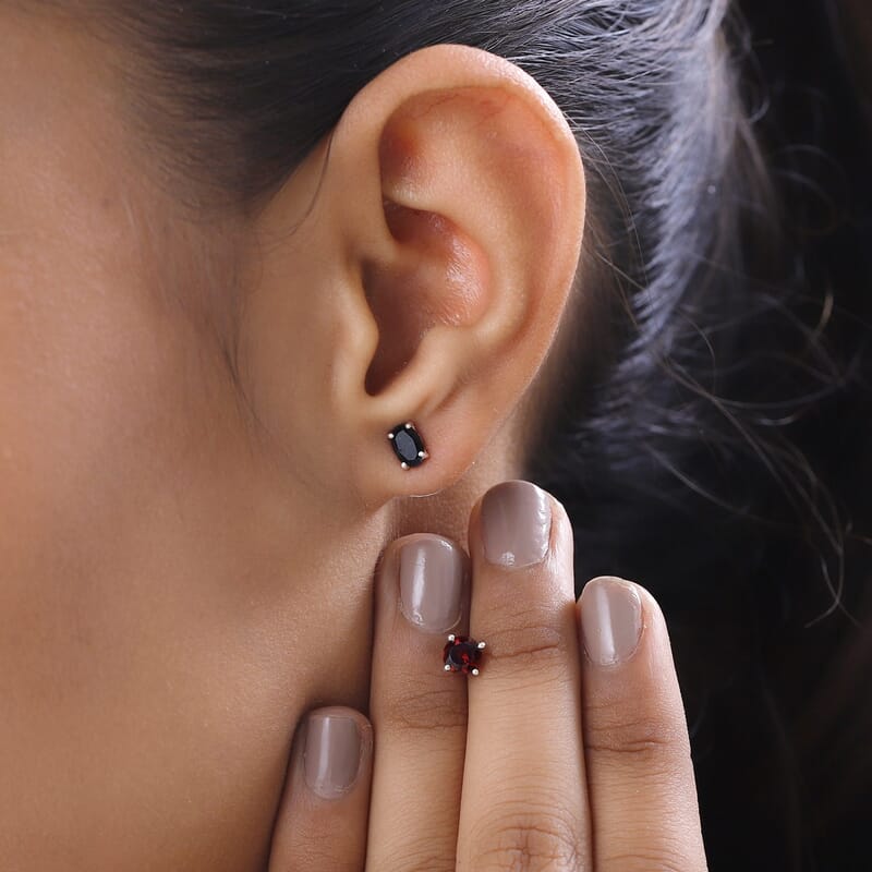 Mozambique Garnet and Australian Black Tourmaline 1.85 ctw Set of 2 Stud Earrings in Sterling Silver
