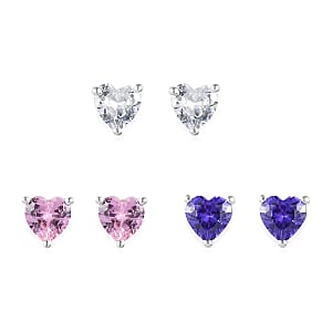 Set of 3 Simulated White, Pink and Blue Diamond Solitaire Stud Earrings in Sterling Silver