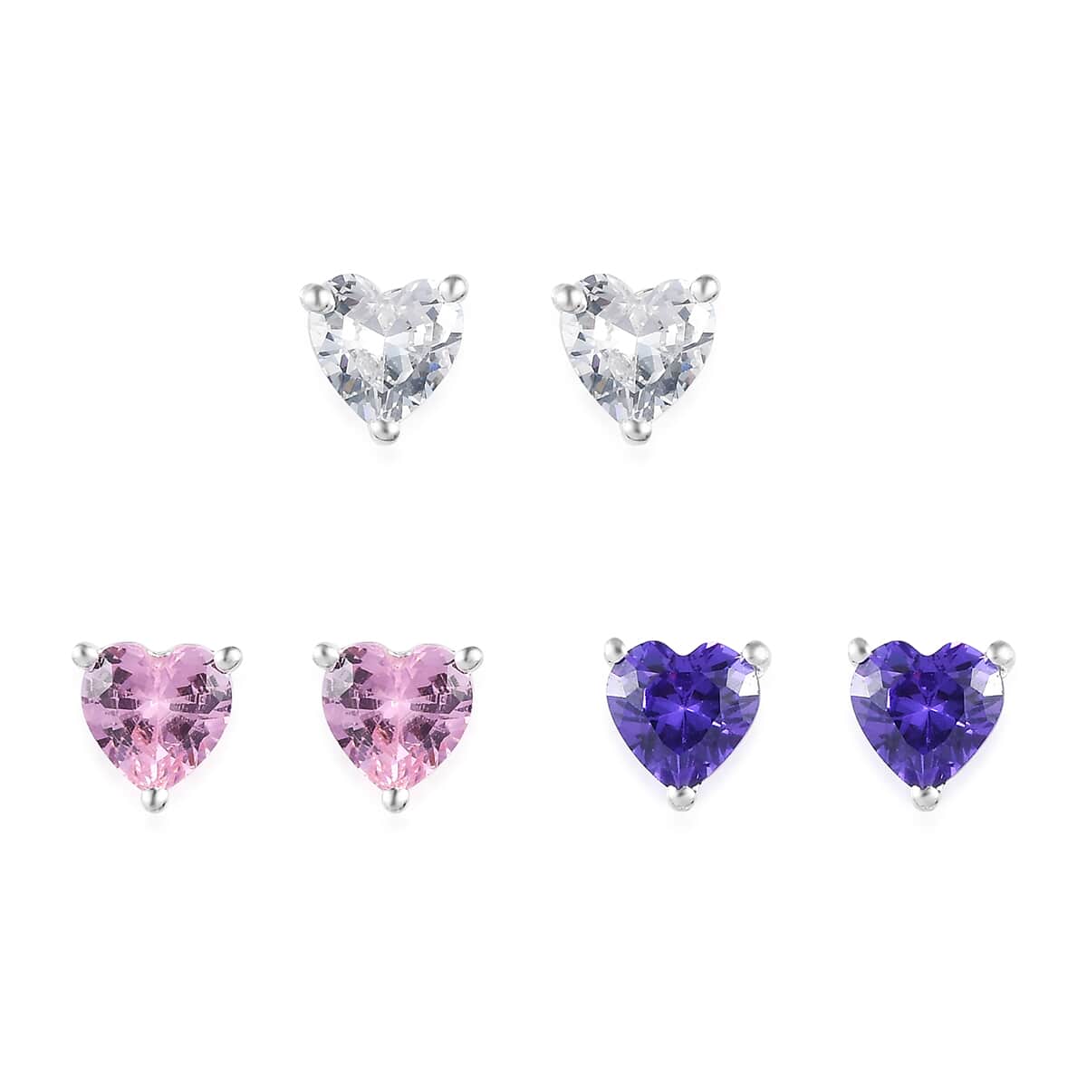 Set of 3 Simulated White, Pink and Blue Diamond Solitaire Stud Earrings in Sterling Silver image number 0