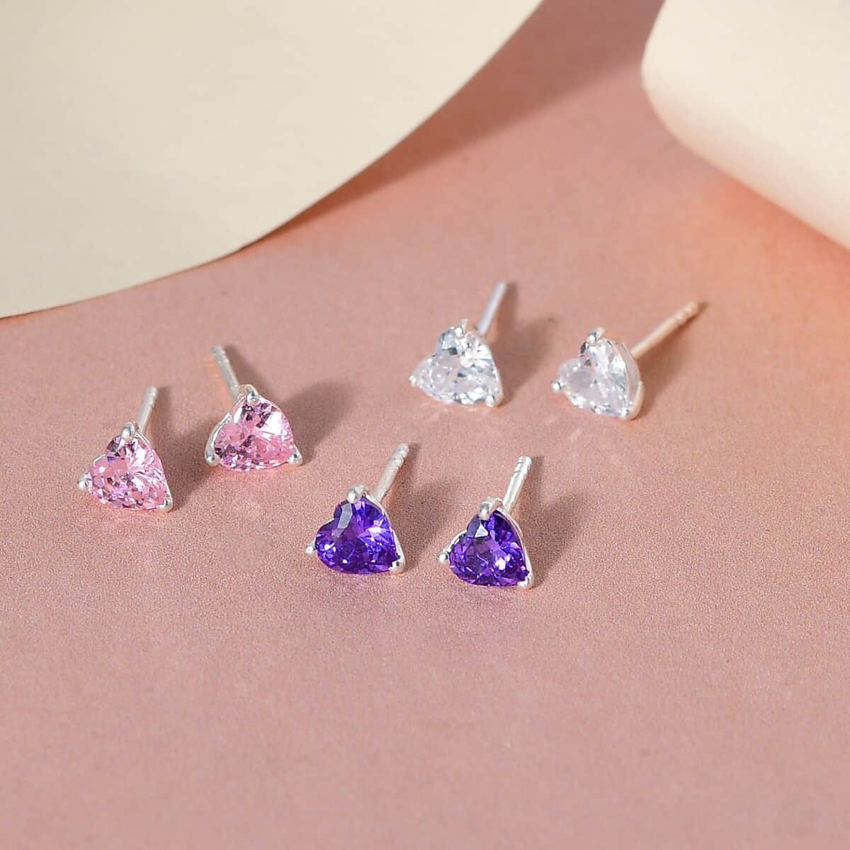 Set of 3 Simulated White, Pink and Blue Diamond Solitaire Stud Earrings in Sterling Silver image number 1