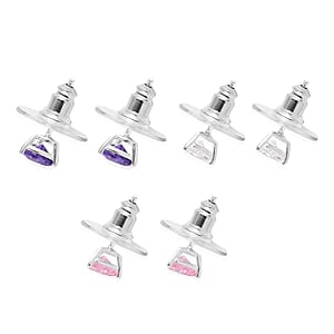 Set of 3 Simulated White, Pink and Blue Diamond Solitaire Stud Earrings in Sterling Silver