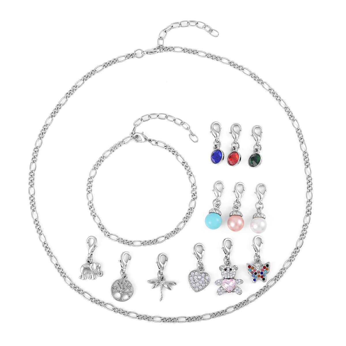 Set of 14, Red, Blue, Green Austrian Crystal and Pink, White, SBT Color Shell Pearl, 1 Necklace (20 Inches), 1 Bracelet, 9 Charms, 3 Silvertone Charms Dragonfly, Elephant & Tree of life image number 0