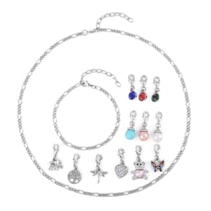 Set of 14, Red, Blue, Green Austrian Crystal and Pink, White, SBT Color Shell Pearl, 1 Necklace (20 Inches), 1 Bracelet, 9 Charms, 3 Silvertone Charms Dragonfly, Elephant & Tree of life
