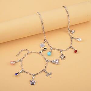 Set of 14, Red, Blue, Green Austrian Crystal and Pink, White, SBT Color Shell Pearl, 1 Necklace (20 Inches), 1 Bracelet, 9 Charms, 3 Silvertone Charms Dragonfly, Elephant & Tree of life