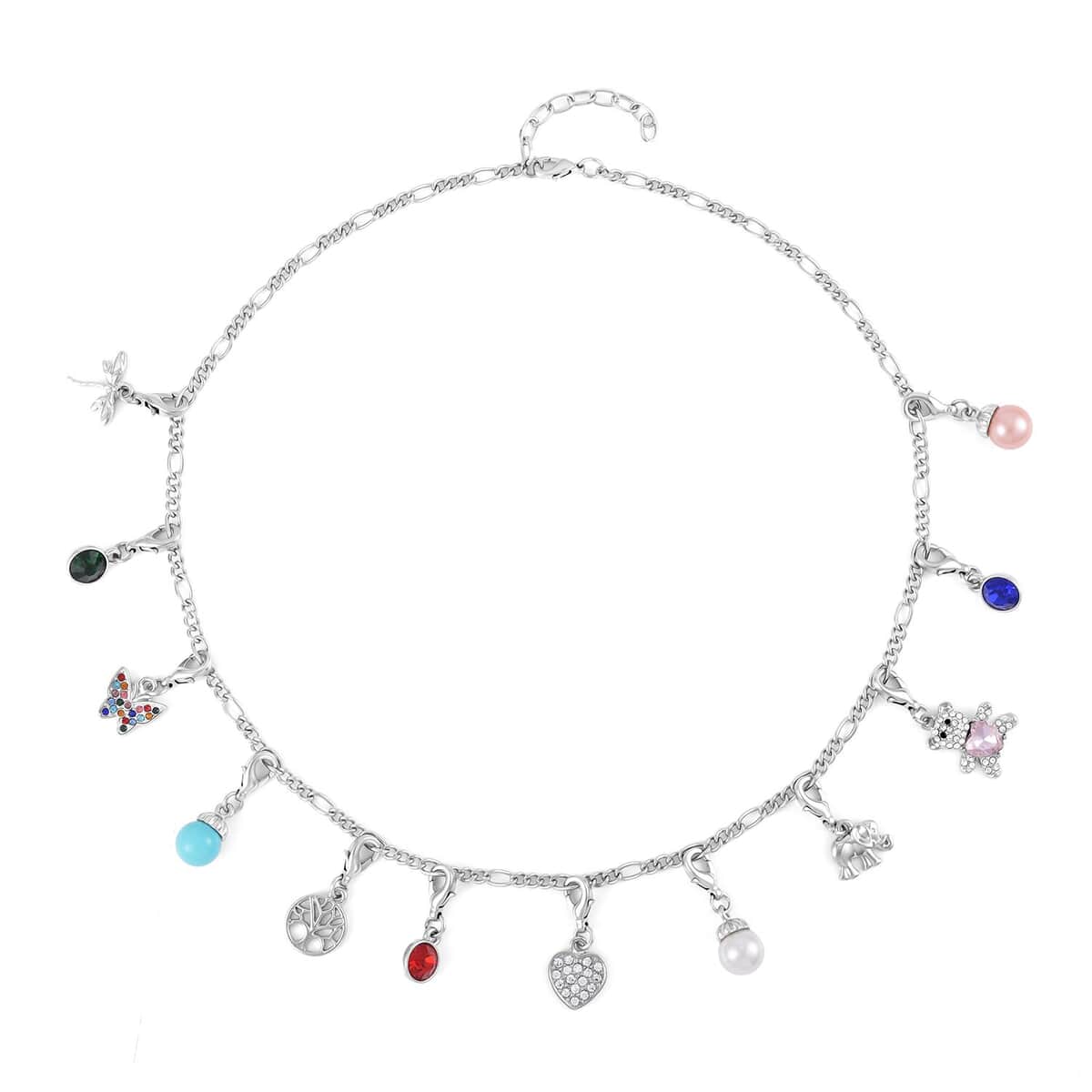 Set of 14, Red, Blue, Green Austrian Crystal and Pink, White, SBT Color Shell Pearl, 1 Necklace (20 Inches), 1 Bracelet, 9 Charms, 3 Silvertone Charms Dragonfly, Elephant & Tree of life image number 2