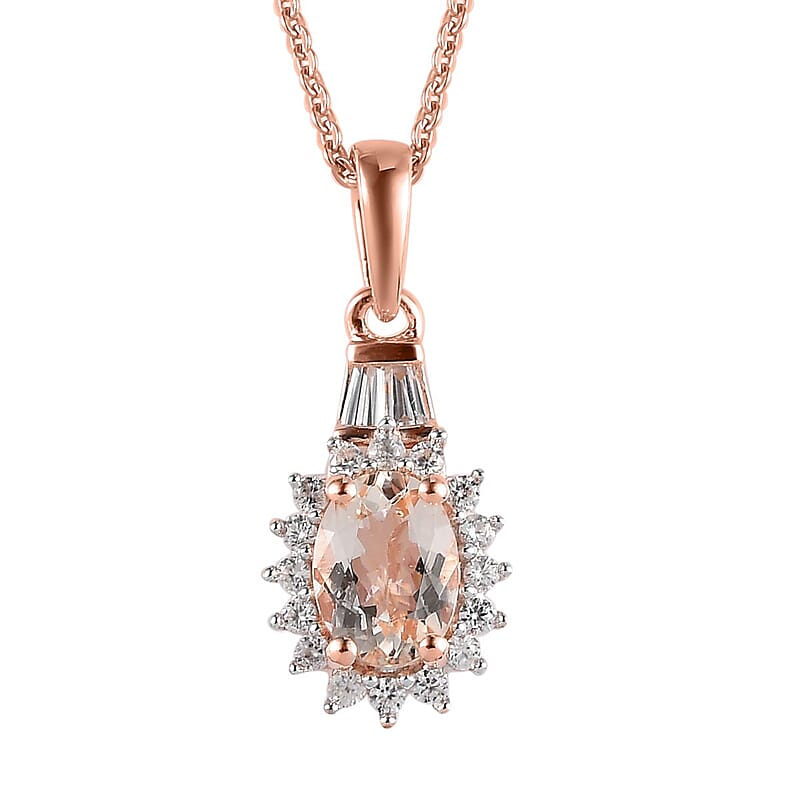 Premium Marropino Morganite and White Zircon Sunburst Pendant Necklace 20 Inches in Vermeil Rose Gold Over Sterling Silver 1.00 ctw